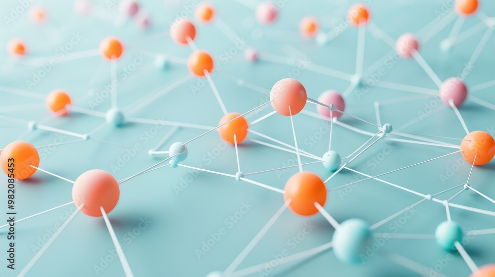 Poster network connections on a light blue background with pink and orange spheres, interconnected nodes in