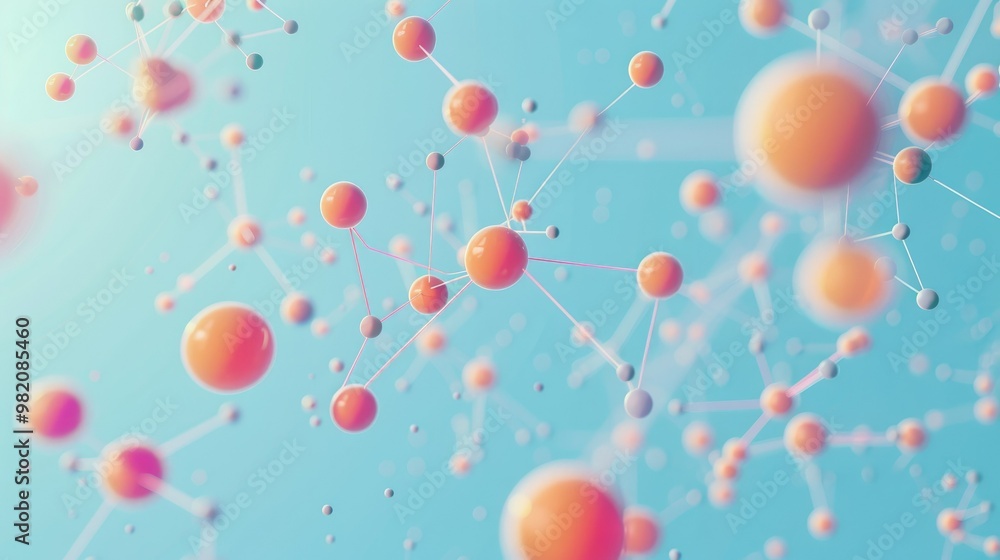 Poster network connections on a light blue background with pink and orange spheres, interconnected nodes in