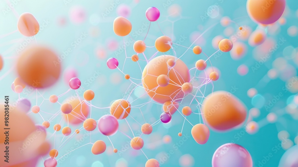 Poster network connections on a light blue background with pink and orange spheres, interconnected nodes in