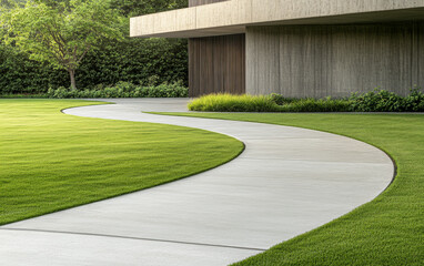 Fototapeta premium Curved concrete pathway meandering through a lush green lawn at a contemporary home on a sunny day