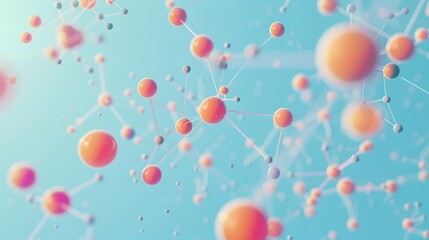 Fototapeta premium network connections on a light blue background with pink and orange spheres, interconnected nodes in an abstract technology concept, a digital grid pattern, gradient on a white background