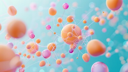 Fototapeta premium network connections on a light blue background with pink and orange spheres, interconnected nodes in an abstract technology concept, a digital grid pattern, gradient on a white background
