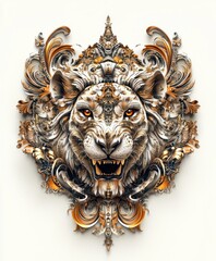 A detailed and ornate lion head design with intricate patterns and gold accents.