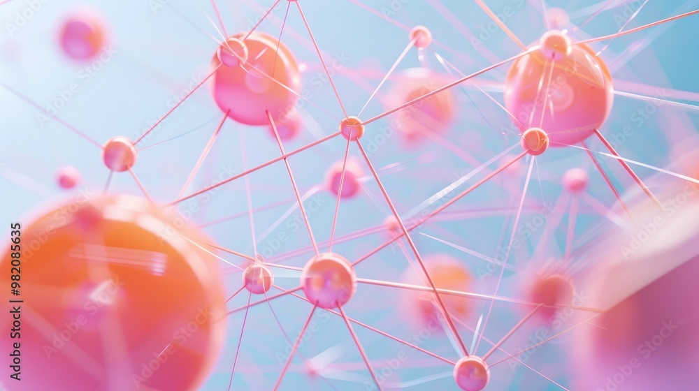 Poster network connections on a light blue background with pink and orange spheres, interconnected nodes in