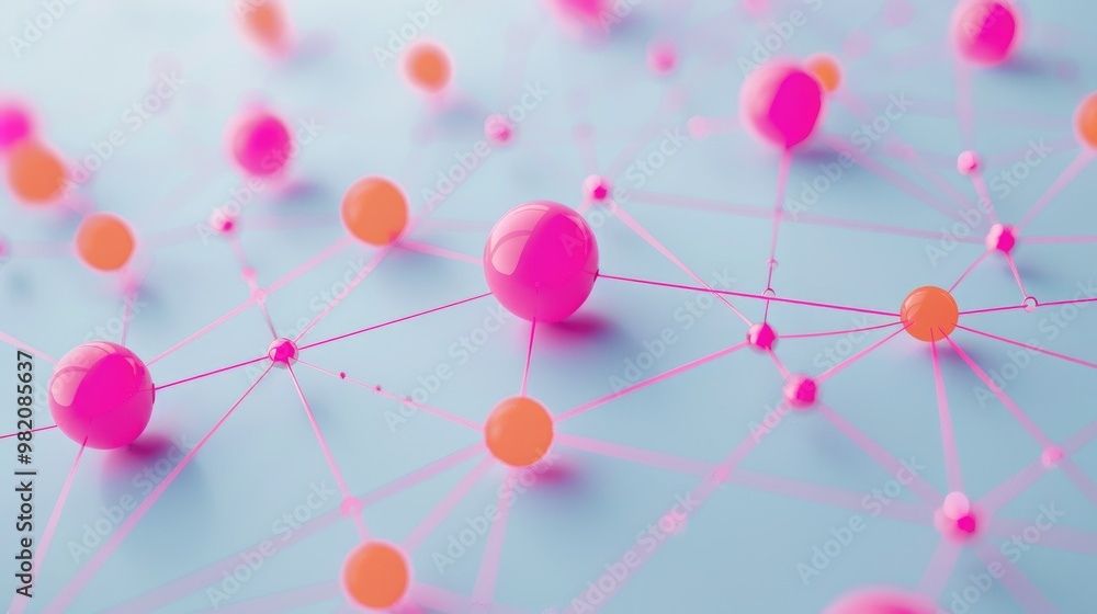 Poster network connections on a light blue background with pink and orange spheres, interconnected nodes in