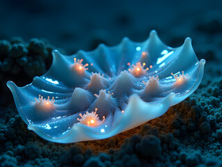 Ethereal Underwater Scene Featuring Luminescent Shell-Like Structure with Glowing Tendrils in Deep Blue Background Intricate, Flowing Design with Iridescent Texture, Perfect for Marine Organism
