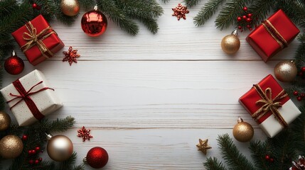 Christmas Background, Holiday Decorations Frame on White Wood, Top View with Copy Space