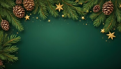 Green Christmas background with pine branches, golden stars, and pine cones.