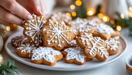 Warm Holiday Glow Woman Carefully Arranges Festive Gingerbread Cookies with Iced Snowflakes.