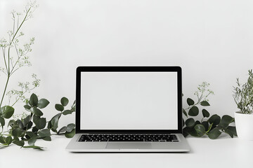 Fototapeta premium Desk Laptop with blank screen on table