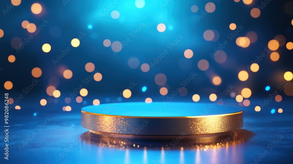 Poster a glowing podium surrounded by soft bokeh lights, creating a magical atmosphere.