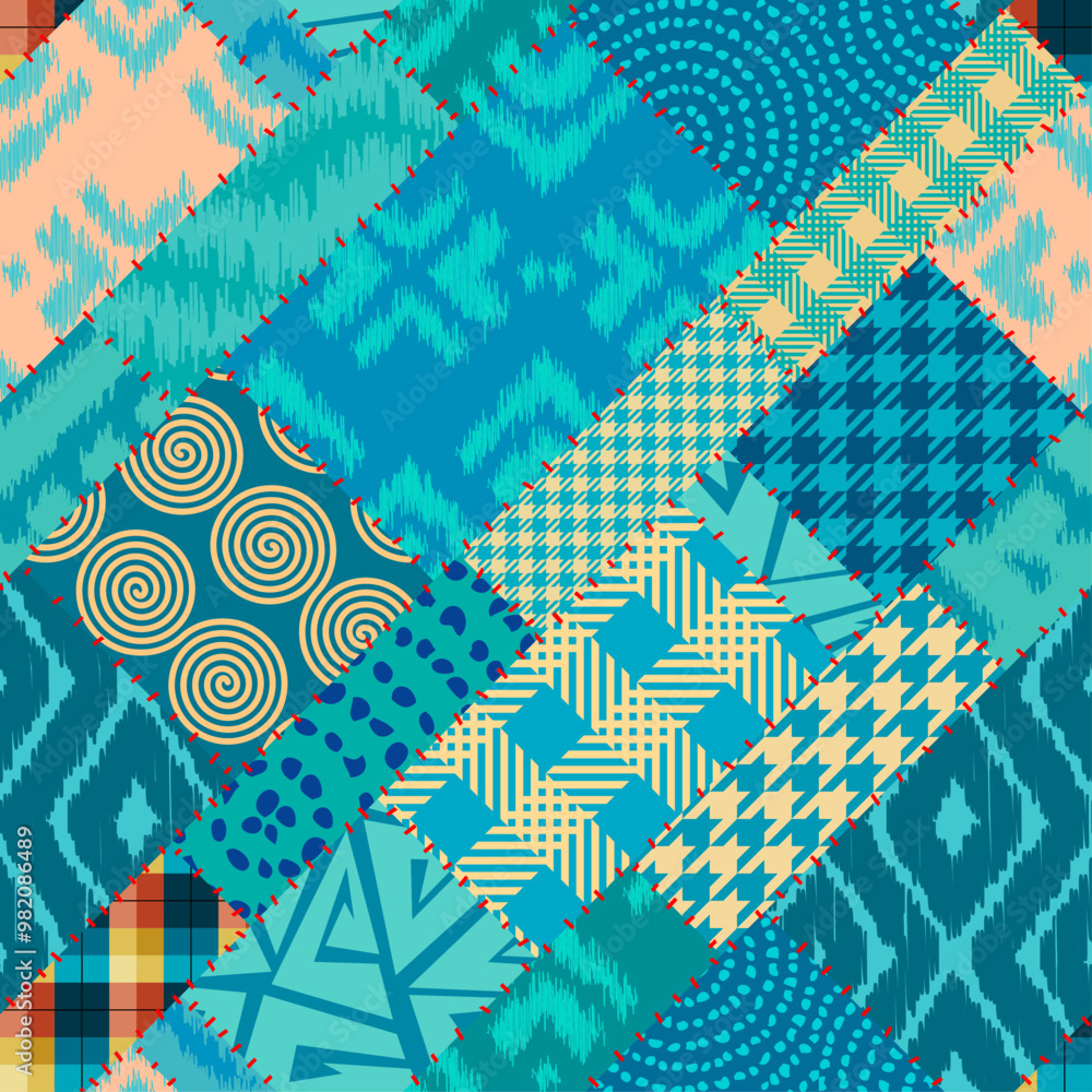 Poster Quilting design patchwork pattern with teal colors. Vector pattern.