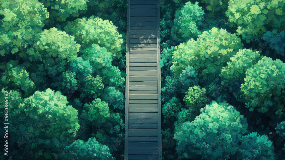 Poster a wood bridge spans a forest with trees on either side. the bridge is surrounded by a lush green can