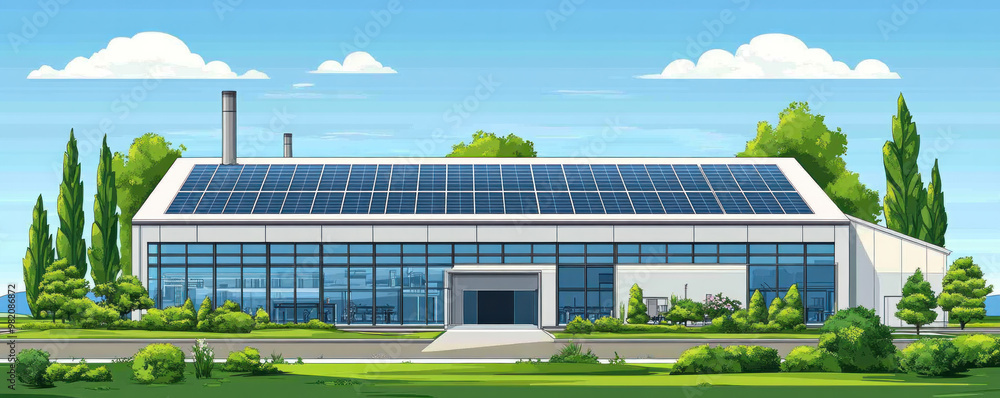 Poster a large building with a lot of windows and a green roof. the building is surrounded by trees and gra