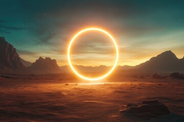 Luminous Round Frame on Desert Background Abstract Natural Creative Background Mockup for Products Advertising