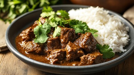 Fototapeta premium A plate of beef curry garnished with cilantro, served alongside fluffy white rice.