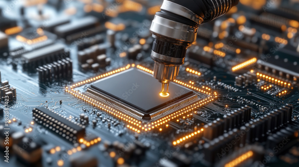 Aufkleber a computer chip is being manufactured with a small orange light on it. concept of precision and tech