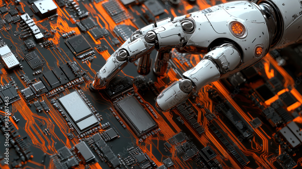 Poster a robot hand is touching a computer chip. concept of technology and innovation, as well as the idea 