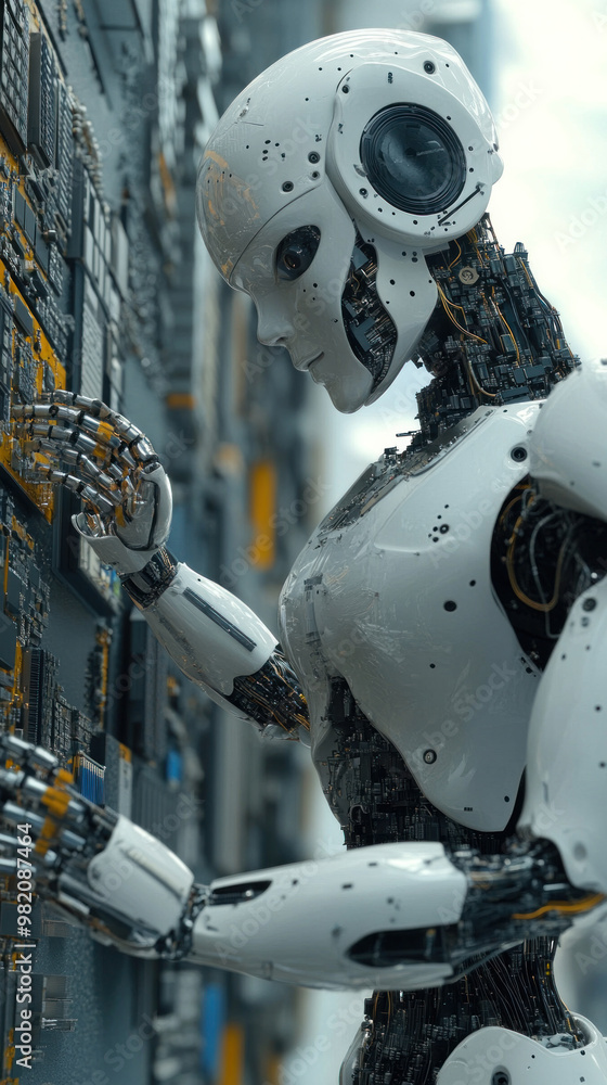 Poster a robot is standing in front of a computer monitor, with its hand on the screen. the robot is white 