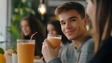 Young man with dimples smiles while holding a glass of orange juice in a cafe