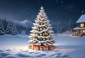 A snowy winter landscape with a beautifully decorated Christmas tree in the foreground, surrounded by wrapped gifts and a peaceful, serene atmosphere.