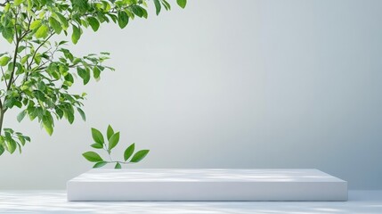 A minimalistic scene featuring a white platform against a soft backdrop with green foliage, perfect for creative presentations.