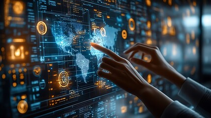 Hands navigating a glowing holographic screen displaying global business data, network connections, and interactive graphs, soft neon lighting casting reflections in a sleek, futuristic workspace.