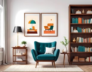 Illustration of a simple and comfortable design of a living room with chairs, tables and bookcases
