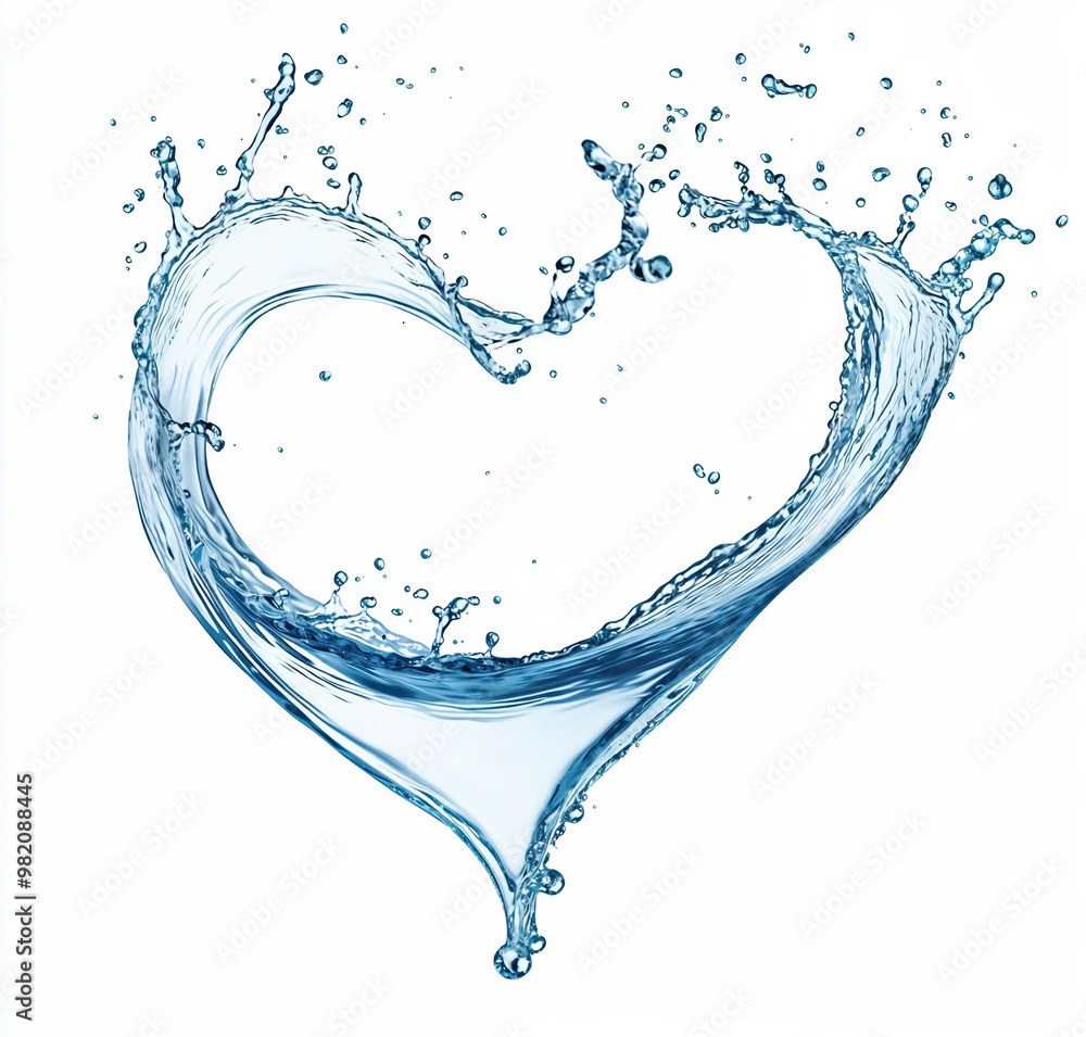 Poster water splash creating heart shape on white background