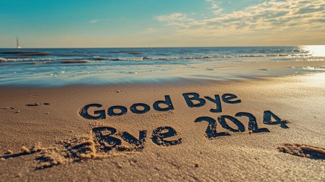 Caption: "Good Bye Bye 2024" written in the sand on a tranquil beach with gentle waves in the background, symbolizing a farewell to the year 2024.