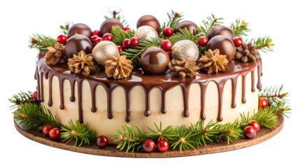 Chocolate birthday cake with fir decorations on a gold stand, transparent background