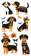 Cute dachshund dogs dressed in Halloween costumes, perfect for autumn decorations.