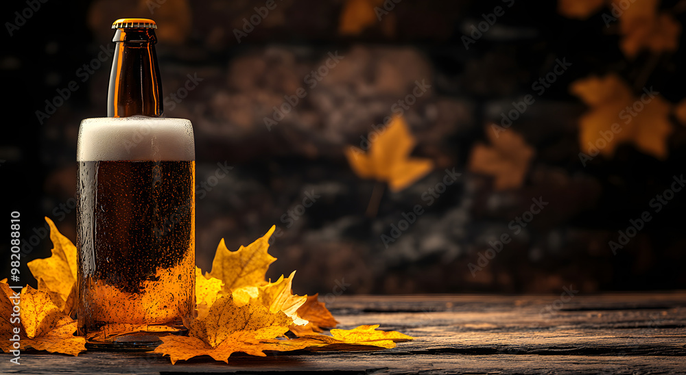 Poster glass and bottle of beer and yellow leaves on a wooden table on a dark background with space for tex
