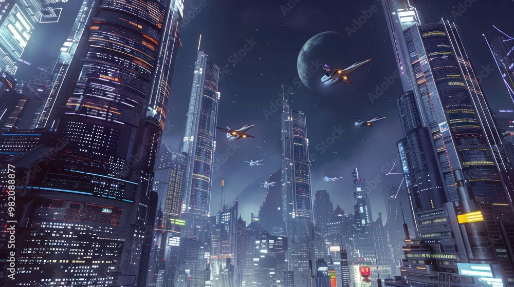 Sticker futuristic cityscape with flying ships