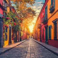 Obraz premium Golden Hour Charm A Colonial Street Bathed in Sunlight, Lined with Vibrant Buildings