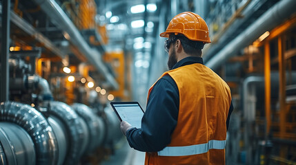 A heavy industry engineer stands in a pipe manufacturing plant using a digital tablet computer.