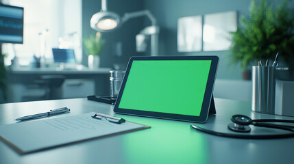 Tablet with green screen on a doctor&rsquo;s desk in a modern office environment