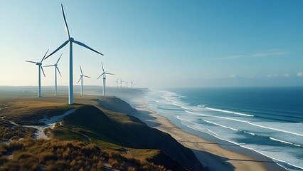 Wind turbines generating power in a coastal area exemplify clean energy solutions, harnessing strong winds to promote sustainability and protect marine environments.