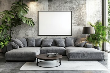 Fototapeta premium Modern Living Room, Concrete Wall, Comfortable Sofa, Houseplants, Blank Picture Frame