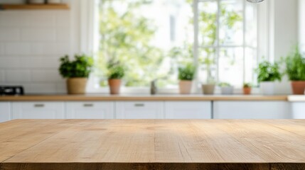 Bright kitchen interior featuring a wooden table and vibrant green plants in pots, creating a warm and inviting atmosphere.