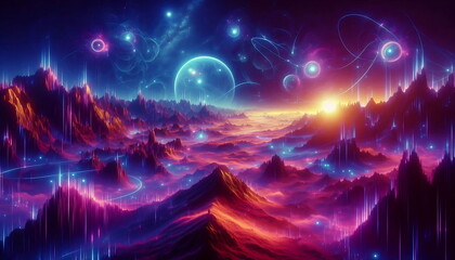 Fototapeta premium Vibrant and Colorful Landscape with Neon Lights, Serene Nature Background