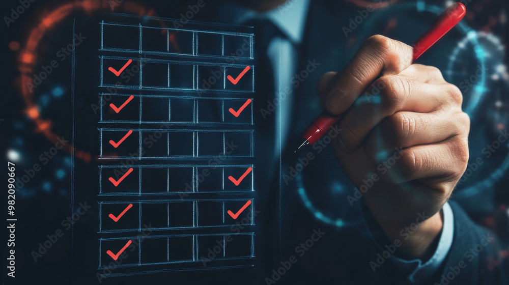 Poster checklist for online documentation and data management concept, featuring a businessman marking chec