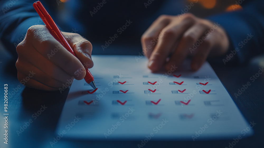 Poster checklist for online documentation and data management concept, featuring a businessman marking chec