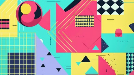 90s retro aesthetic with vibrant colors, geometric shapes, minimalist, copy space, vector illustration style