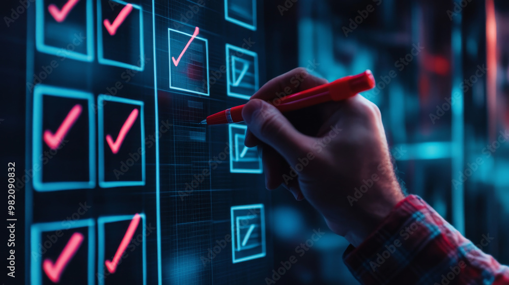 Poster checklist for online documentation and data management concept, featuring a businessman marking chec