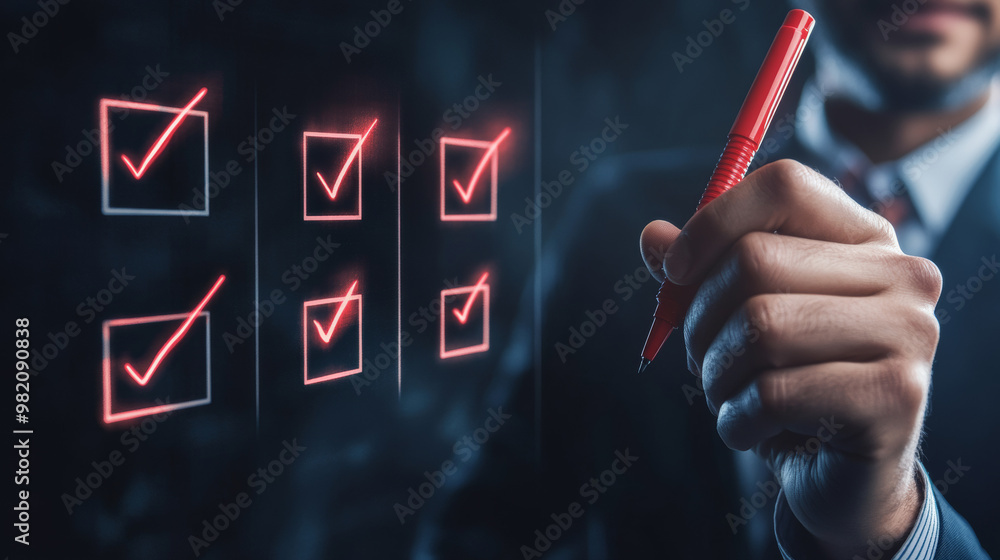 Poster checklist for online documentation and data management concept, featuring a businessman marking chec