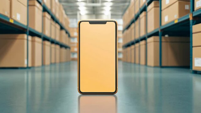 Mobile phone displayed in a warehouse with stacked boxes