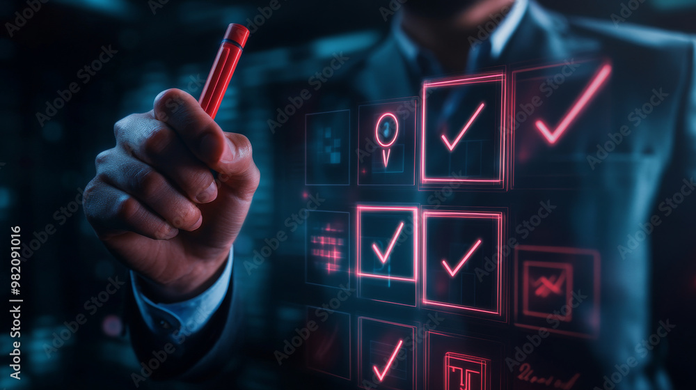 Poster checklist for online documentation and data management concept, featuring a businessman marking chec