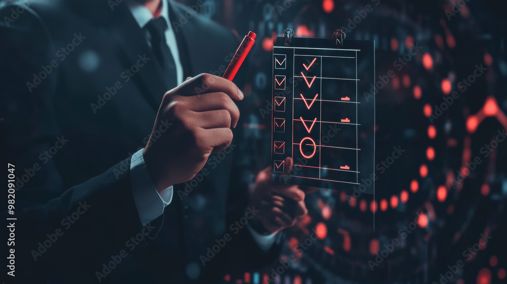 Poster checklist for online documentation and data management concept, featuring a businessman marking chec