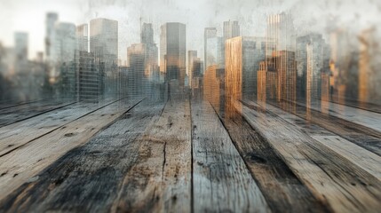 Obraz premium Blurred cityscape with wooden plank foreground, perfect for urban themes, business concepts, and modern city designs.